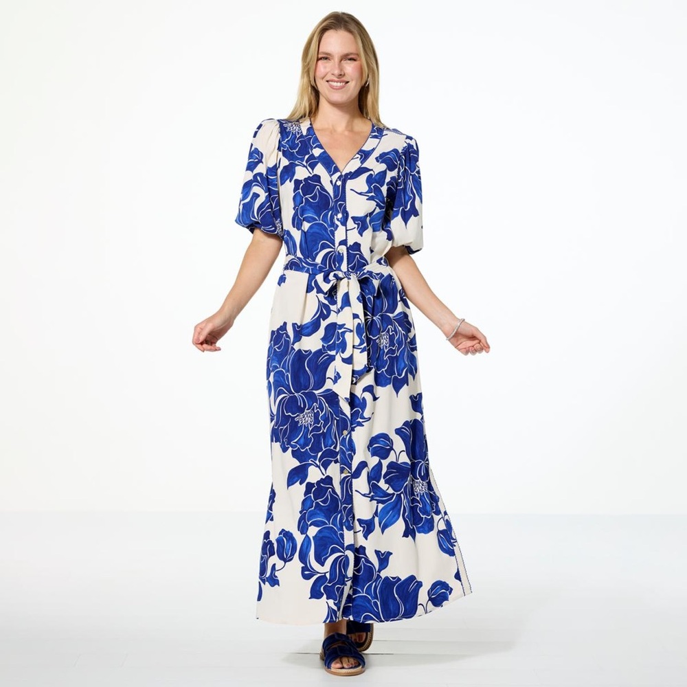 G by Giuliana Woven Embroidered Puff-Sleeve Midi Dress